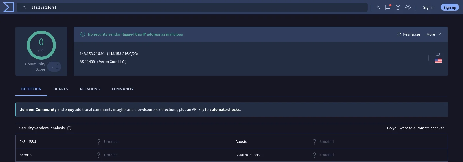 VirusTotal result for 148.153.216.91