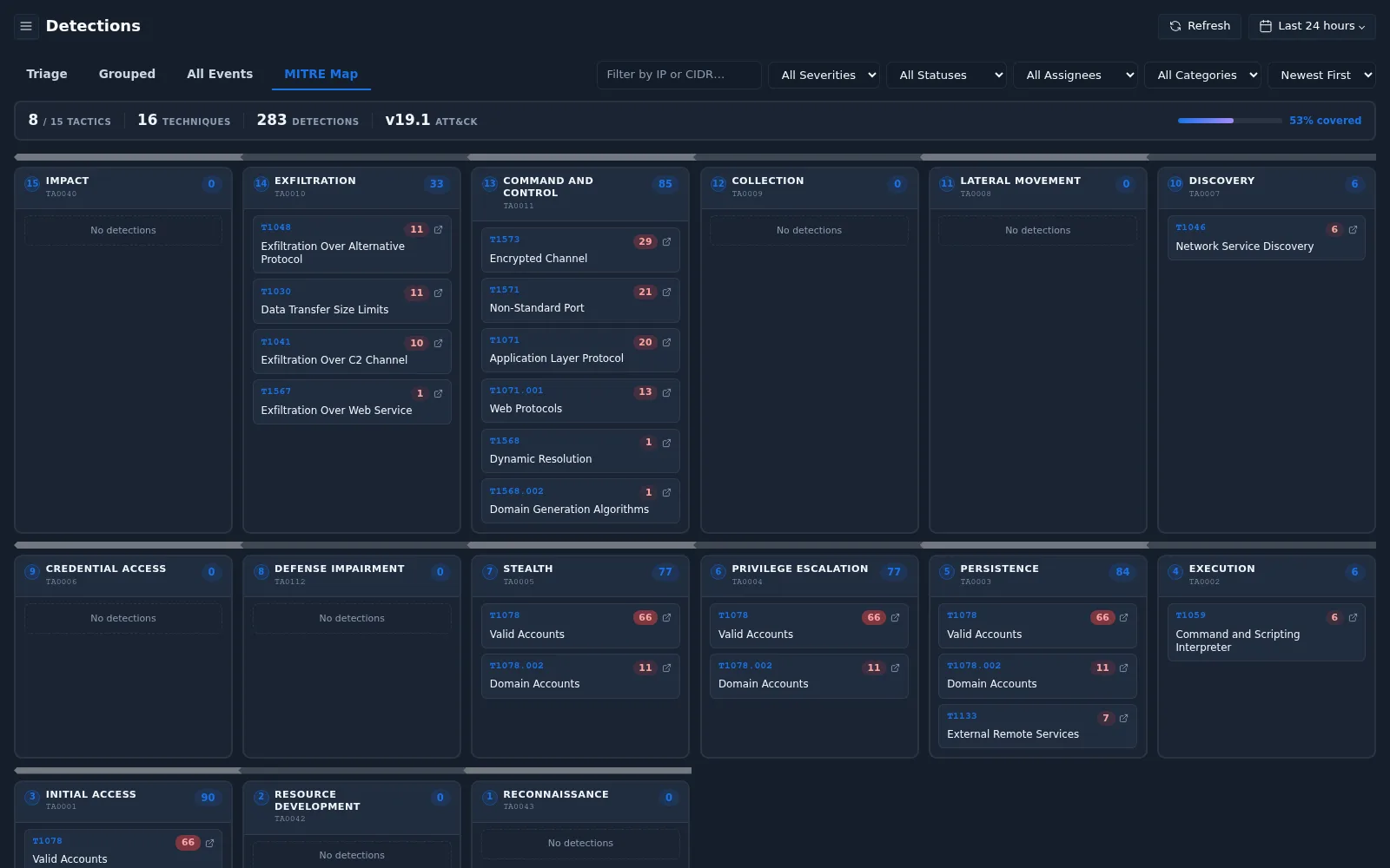 Detections MITRE Map view
