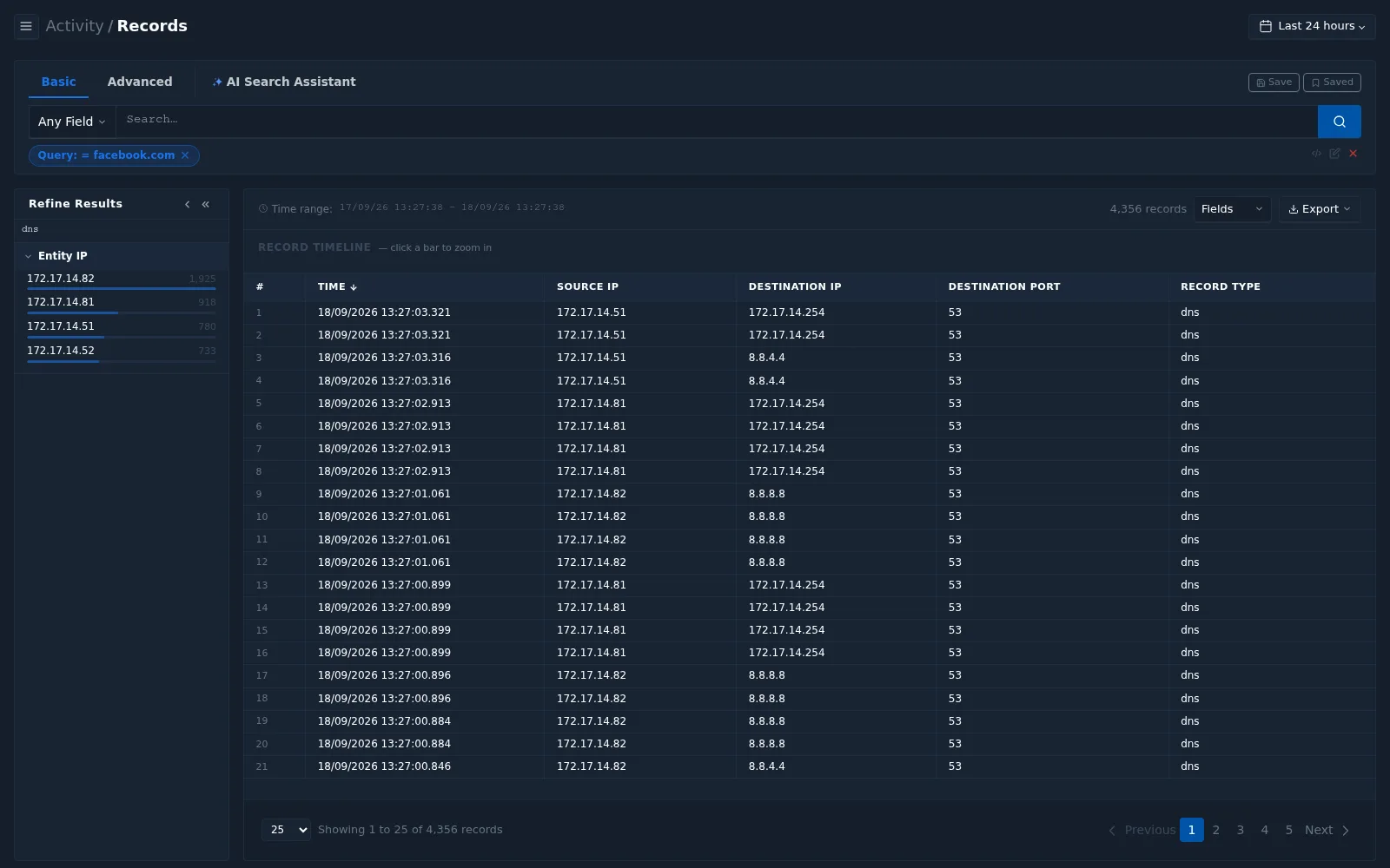 Records filtered to facebook.com