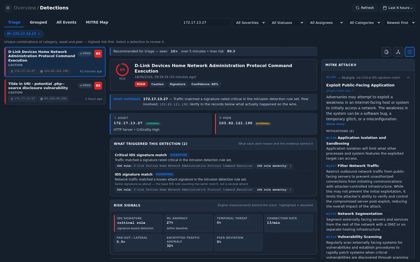 Triage filtered to one internal IP