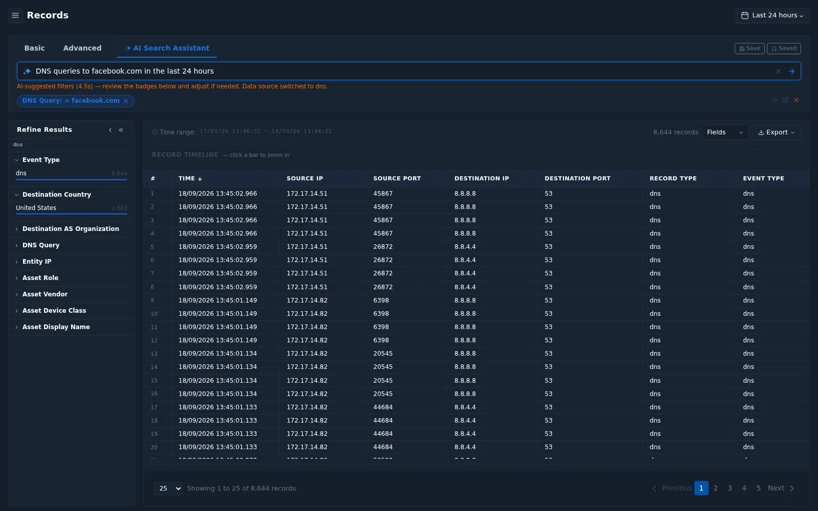AI Search Assistant result with suggested filters
